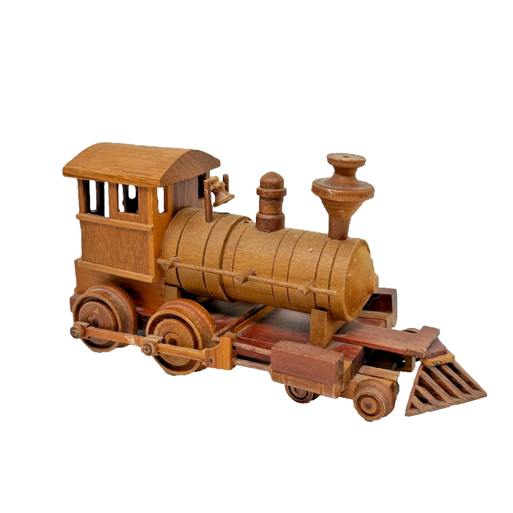 Handcrafted Wooden Steam Locomotive Model Train Vintage Natural Wood 9"